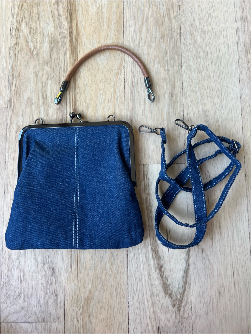 Denim Blue Kiss Lock Frame Handbag Crossbody Shoulder Bag Detachable Straps - Picture 6 of 10